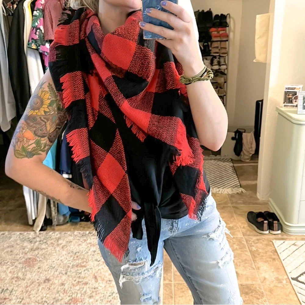 Red Black Plaid Oversized Scarf